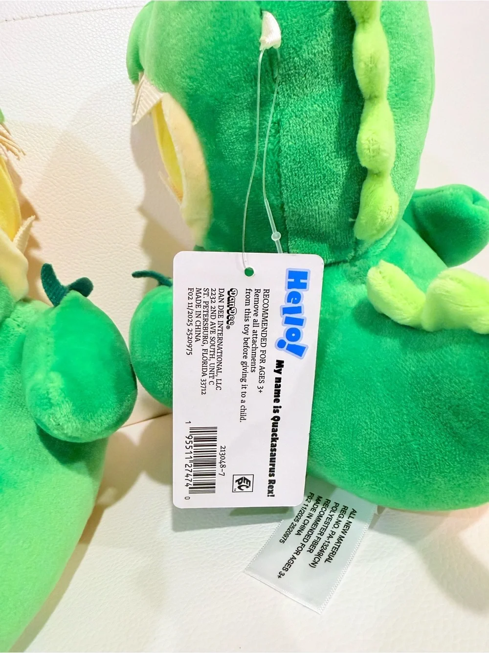 Cute Yellow Duck Plush in Green Dinosaur Costume 2x
